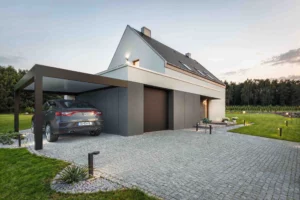 Carport BOREAL noir adossé avec toiture autoportée, en aluminium sur mesure, fabrication française par Eurofactory.