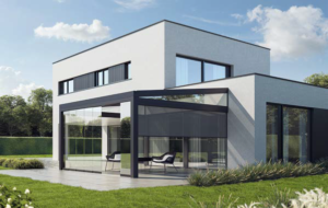 Pergola noire en aluminium adossée à une maison avec salon de jardin dessous - modèle SERENA - Eurofactory - Eurocarport Aluminium